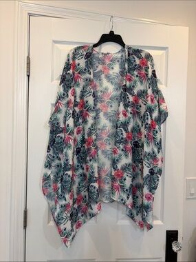 Sheer Tropical Floral Kimono - Pink & Green